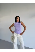 Women's Lilac Turtleneck Sleeveless Sandy Crop Blouse HZL26S-FRY123931 Women's Lilac Turtleneck Sleeveless Sandy Crop Blouse HZL26S-FRY123931