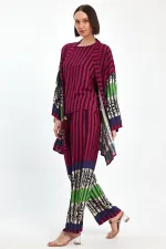 Kadın Mürdüm Çizgili Atlet Kimono Ve Pantolon Dokuma Viscon Alt Üst Takım HZL25S-VM110421