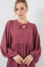 Kadın Balon Kol Uzun Tesettür Elbise 2464 - D.Gül Kurusu