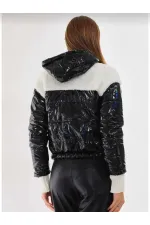 Women's White and Black Patent Leather Lined, Elastic Waist Hooded Crop Plush Coat HZL24W-BRC144441
