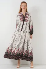 Kadın Desenli Uzun Tesettür Elbise 2585 - A.Kırmızı