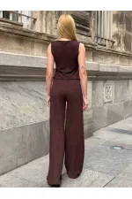 Kadın Kahverengi Beli Lastilkli Gofre Kumaş Pantolon HZL24S-ZK13261