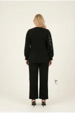 Kadın Siyah Büyük Beden Payet Detaylı Pantolon Bluz Abiye Takım HZL26W-PR10011