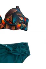 Women's Petrol Green Floral Patterned Lined Plus Size Bikini Set HZL25S-LC24108