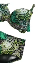Women's Green Leopard Patterned Lined Plus Size Bikini Set HZL25S-LC25006