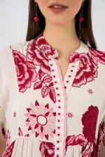 Kadın Desenli Uzun Tesettür Elbise 2585 - Bordo 1