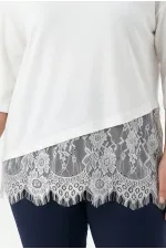 Women's White Plus Size Crew Neck Short Sleeve T-Shirt with Tulle Detail HZL26S-ZSS19521