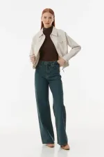 Veste courte en similicuir écru pour femme, doublée avec poches, HZL23W-BD110331