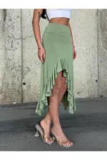 Kadın Yeşil Yüksel Bel Dalgıç Kumaş Asimetrik Kesim Etek HZL25S-ZK11701