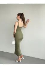 Robe mi-longue kaki à bretelles et col carré pour femme HZL25S-ZK11621