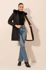 9129 Kapüşonlu Suni Kürklü Kaban - Siyah