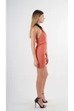 Kadın Kiremit Halter Yaka Saten Kumaş Sırt Dekolteli Mini Elbise HZL24S-YY262