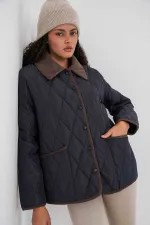 Manteau matelassé en velours bleu marine pour femme, avec fermeture à pression HZL25W-BD152261