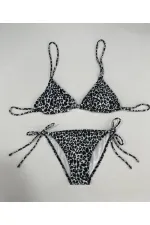 Kadın Leopar Siyah Boyundan İp Bağlamalı Üçgen Bikini Takımı HZL25S-LC5005