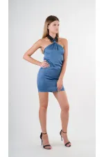 Kadın Mavi Halter Yaka Saten Kumaş Sırt Dekolteli Mini Elbise HZL24S-YY262