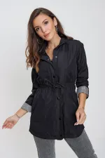 Trench-coat noir doublé pour femme avec cordon de serrage et poches détaillées à la taille HZL22W-BD156691