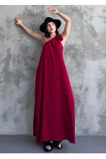 Kadın Bordo Omuzdan Bağlamalı Maxi Boy Dokuma Elbise HZL22S-DSB110031