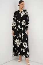 Kadın Desenli Uzun Tesettür Elbise 2585 - Düz Siyah