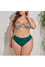 Kadın  Zümrüt Yeşil Etnik Desen Büyük Beden Bikini Takım HZL25S-LC3310