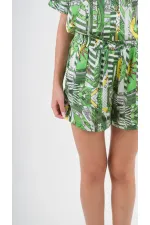 Kadın Yeşil Desenli Şort Gömlek Alt Üst Takım  HZL24S-YY226