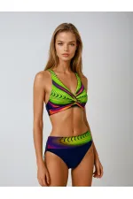 Kadın Lacivert Sarı Desenli Yüksel Bel Astarlı Bikini Takımı HZL25S-LC22315-5