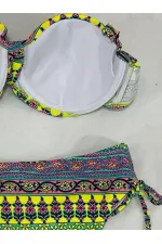 Kadın Yeşil Çok Renkli Etnik Desen Atarlı Bikini Takımı HZL25S-LC8004