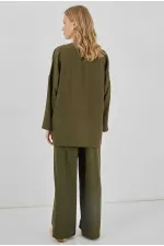 Kadın Haki Keten Bağlama Detaylı Kimono Pantolon İkili Takım HZL26S-BD167271
