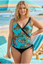 Women's Blue Black Feather Pattern V-Neck Side Tie Plus Size Swimsuit HZL25S-LC4007