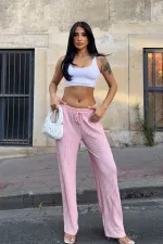 Kadın Pembe Beli Lastikli Rahat Kesim Bürümcük Pantolon HZL25S-DSB163631