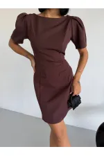 Women's Brown Boat Neck Welt Pocket Short Sleeve Mini Dress HZL26S-FRY123891 Women's Brown Boat Neck Welt Pocket Short Sleeve Mini Dress HZL26S-FRY123891