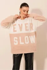 Sweat-shirt confortable en peluche imprimé bloc blanc crème pour femme EVER SLOW HZL23W-BD1554781