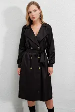 Trench-coat décontracté noir à double boutonnage pour femme, non doublé, avec ceinture, HZL22S-BD158531