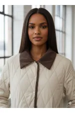 Manteau matelassé en velours crème à fermeture à pression pour femme HZL25W-BD152261