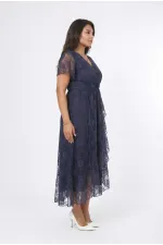Kadın Lacivert Büyük Beden V Yaka Astarlı Dantel Detaylı Şık Abiye Elbise HZL26S-PR11071
