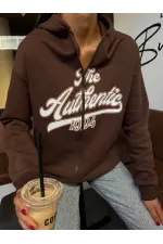 Kadın Kahverengi Baskılı Kapüşonlu Fermuarlı Oversize Sweatshirt HZL24W-ZK12741