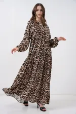 2423 Otantik Desenli Tesettür Elbise - E. Kahve