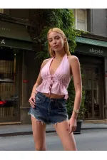 Chemisier dos nu en lin rose pour femme HZL24S-ZK11081