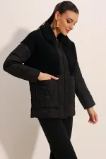 5182 Peluş Detaylı Oversize Şişme Mont - Siyah