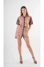 Kadın Kahverengi Sarı İp Kemerli Küpürlü Gömlek Görünümlü Elbise HZL24S-YY237