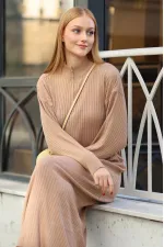 Robe longue en maille côtelée camel à col zippé pour femme HZL24W-BD1102271