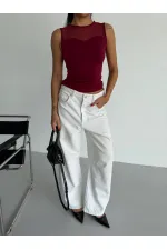 Kadın Bordo Kolsuz Likralı Tül Detay Sandy Bluz HZL26W-FRY123721