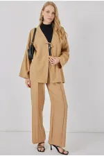 Kadın Bej Keten Bağlama Detaylı Kimono Pantolon İkili Takım HZL26S-BD167271