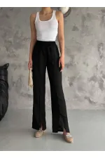 Kadın Siyah Lastikli Bel Yırtmaç Detaylı Cepsiz İthal Keten Astarsız Pantolon HZL24S-FRY121941