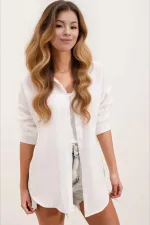 Kadın Beyaz Tek Cepli Oversize Keten Ayrobin Gömlek HZL24S-BD1201531