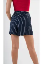 Kadın Lacivert Çizgili  Beli Lastikli Düğme Detaylı Cepli Şort HZL24S-YY277