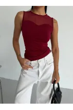 Kadın Bordo Kolsuz Likralı Tül Detay Sandy Bluz HZL26W-FRY123721