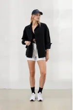 Kadın Siyah Oversize Uzun Basic Gömlek HZL22W-BD139001