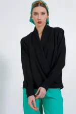 Chemisier drapé en satin noir à col cache-cœur pour femme 0492