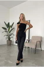 Women's Black Sandy Blouse with Gold Buckle Detail and Shoulder Drape HZL26W-FRY123741