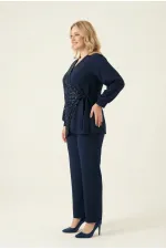 Kadın Lacivert Büyük Beden Payet Detaylı Pantolon Bluz Abiye Takım HZL26W-PR10011